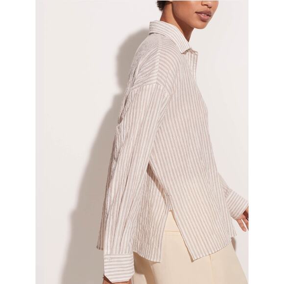 Vince Double Bar Striped Boxy Button Front Shirt Size Large Crinkle Gauze Top - Picture 1 of 12